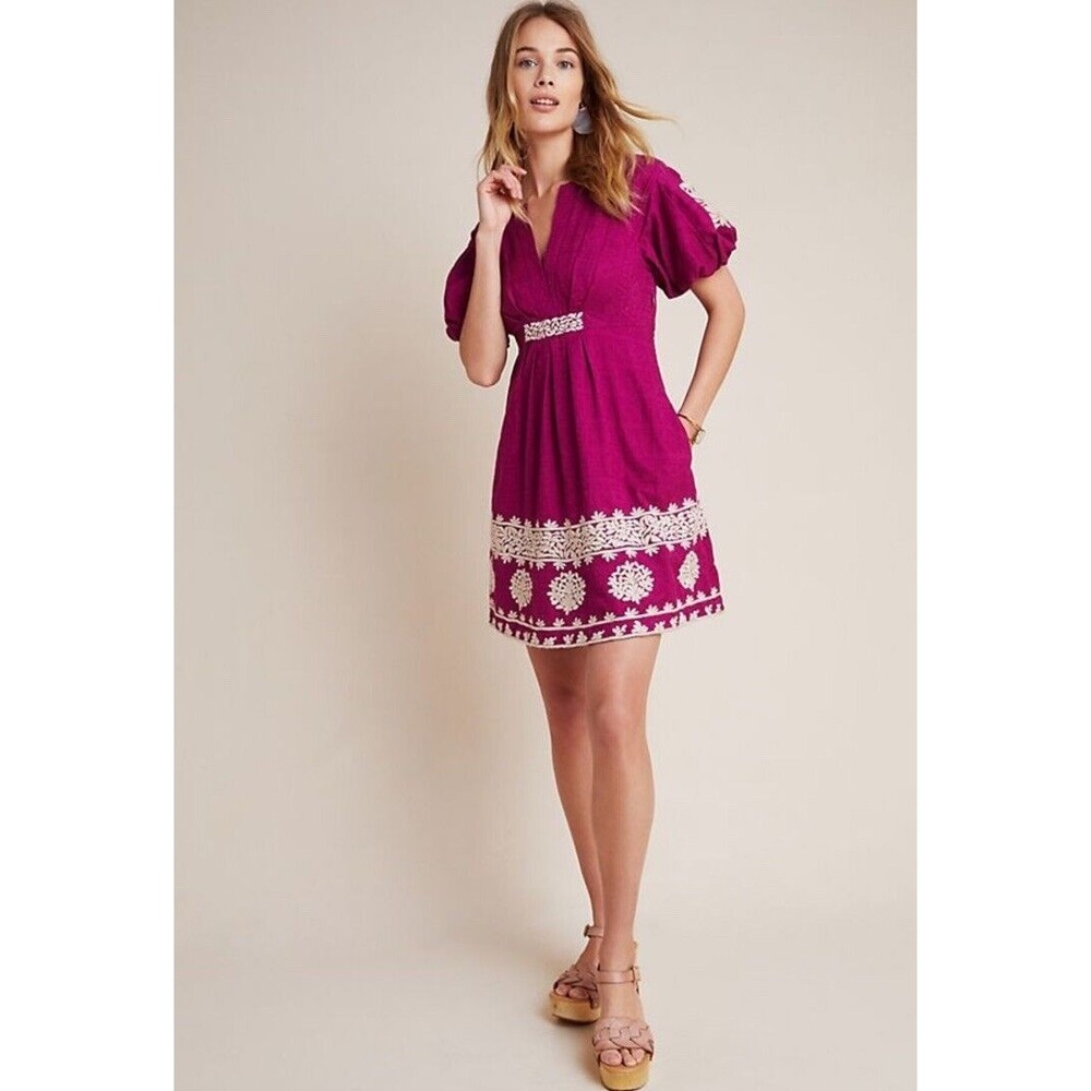 Anthropologie Embroidered Mini Dress Puff Sleeve‎ Pink Size 6